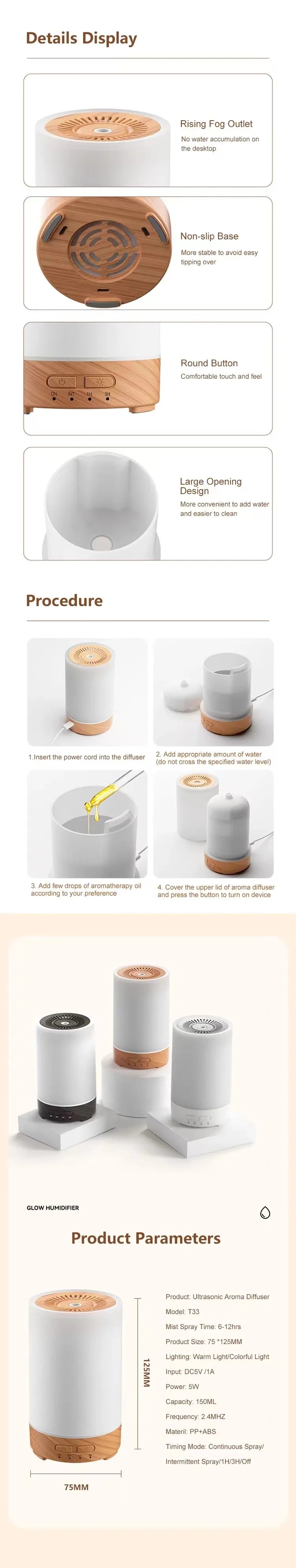 150ml Remote Control USB Power Supply Ultrasonic Silence Atomizing Air Humidifier Timeable Settings Essential Oil Aroma Diffuser